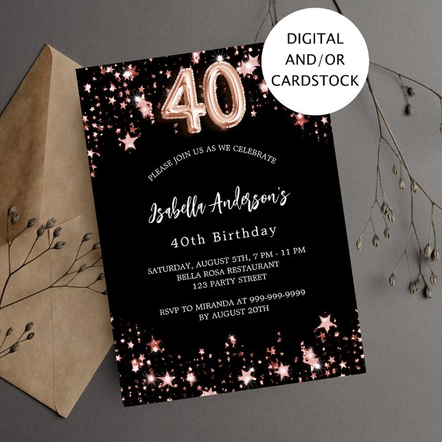 Invitación Rosa negro estrellas de oro 40 años (Subido por el creador)