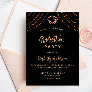 Invitación Rosa negro estrellas de oro fiesta de graduación d