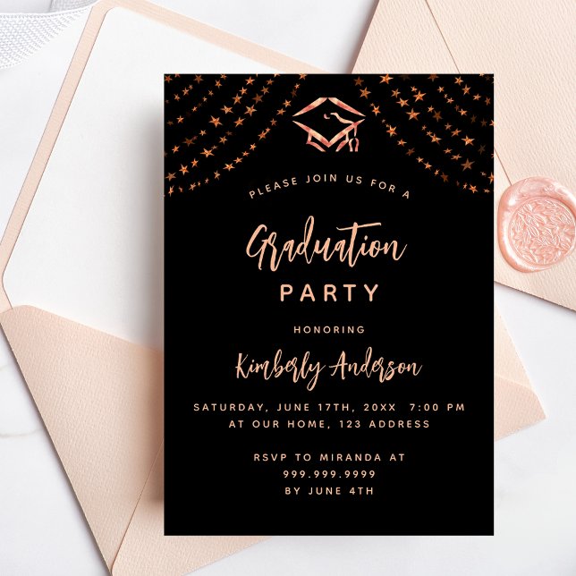 Invitación Rosa negro estrellas de oro fiesta de graduación d (Subido por el creador)