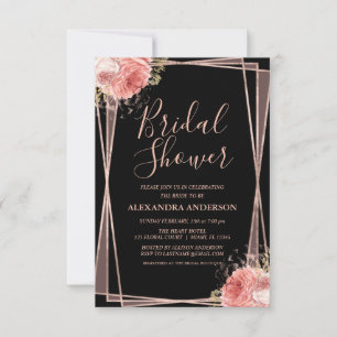 Invitación Rosa Negro Floral Dorada Bridal Shower