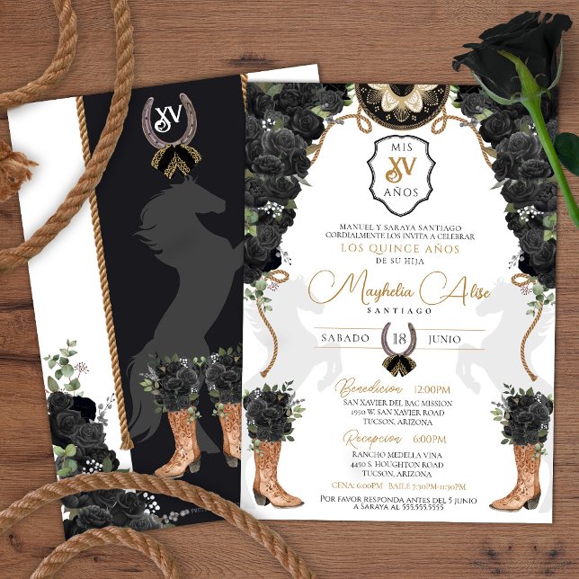Invitación Rosa negro Floral Occidental Charro Quinceañera (Subido por el creador)
