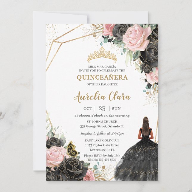 Invitación Rosa Negro Floral Quinceañera dulce dieciséis (Anverso)