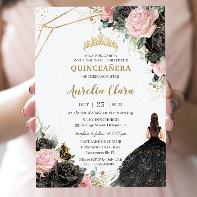 Invitación Rosa Negro Floral Quinceañera dulce dieciséis (Subido por el creador)