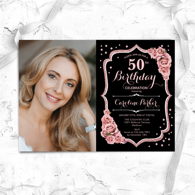 Invitación Rosa Negro Foto Oro 50 cumpleaños (Subido por el creador)