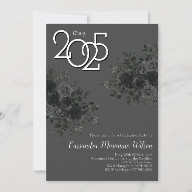Invitación Rosa negro gris del partido gótico oscuro de gradu (Anverso)
