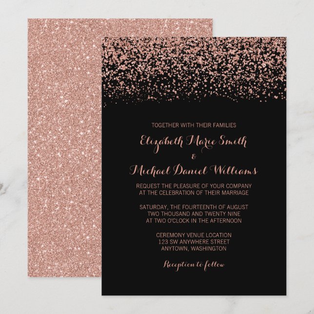 Invitación Rosa negro moderno Boda Purpurina de la Faux (Anverso / Reverso)