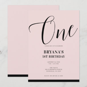 Invitación Rosa Negro Moderno Minimalista Escritura Cumpleaño