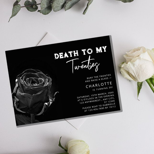 Invitación Rosa negro "Muerte a mis 20 años" cumpleaños númer (lack Rose _Death to My 20s_ 30th Birthday Invitation)