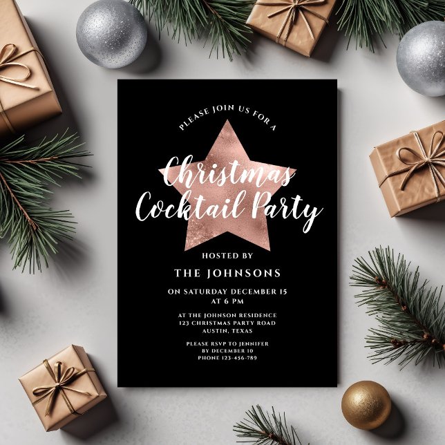 Invitación Rosa negro Navidad estrella del oro Fiesta de cóct (Black Rose Gold Star Christmas Cocktail Party Invitation)