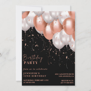Invitación Rosa negro oro Globos 52 cumpleaños