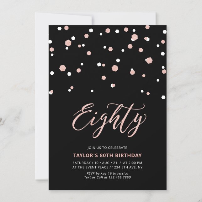 Invitación Rosa Negro Oro Simple Ochenta 80 cumpleaños fiesta (Anverso)