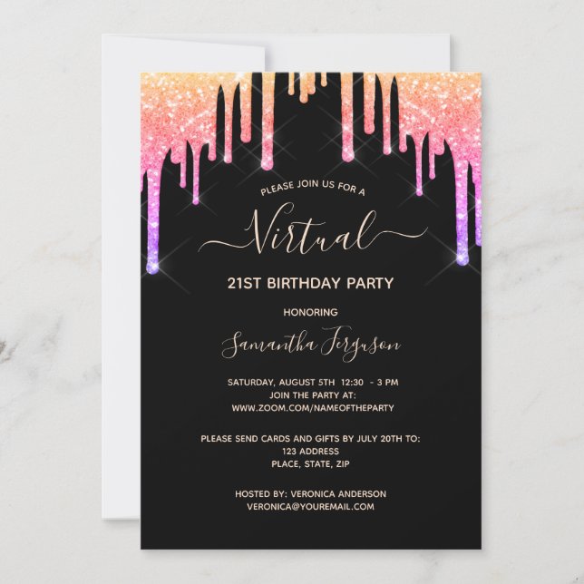 Invitación Rosa negro purpurina arcoíris de cumpleaños virtua (Anverso)