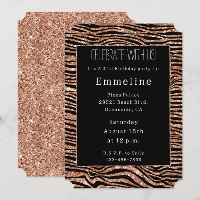 Invitación Rosa negro Purpurina de cebra dorada (Anverso / Reverso)