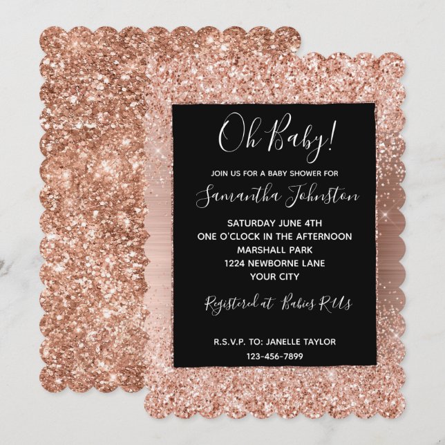 Invitación Rosa negro Purpurina de Glam rosado Rubor Gold (Anverso / Reverso)