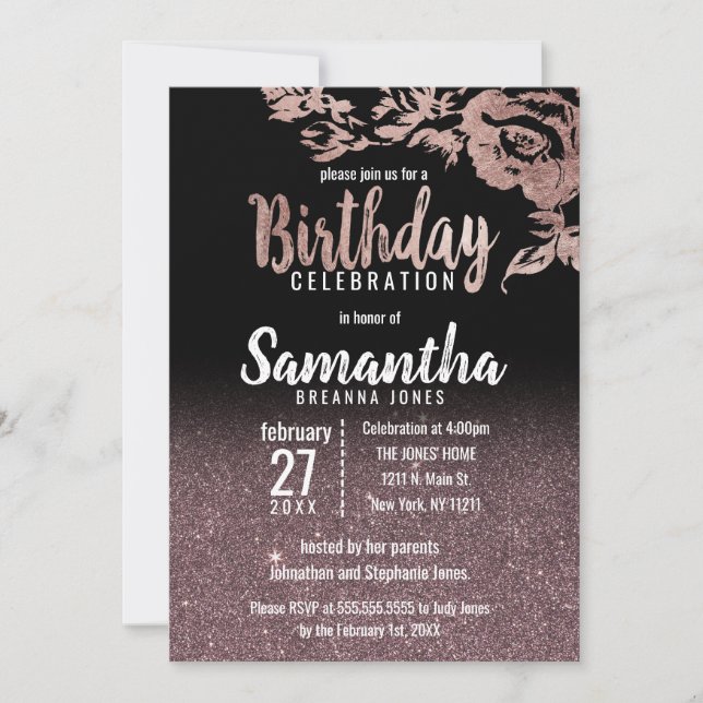 Invitación Rosa Negro Purpurina de oro Fiesta de cumpleaños f (Anverso)