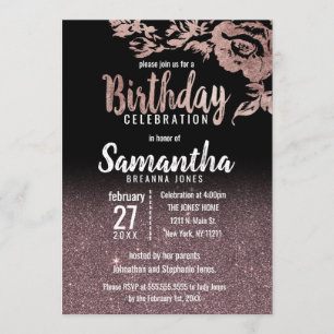 Invitación Rosa Negro Purpurina de oro Fiesta de cumpleaños f