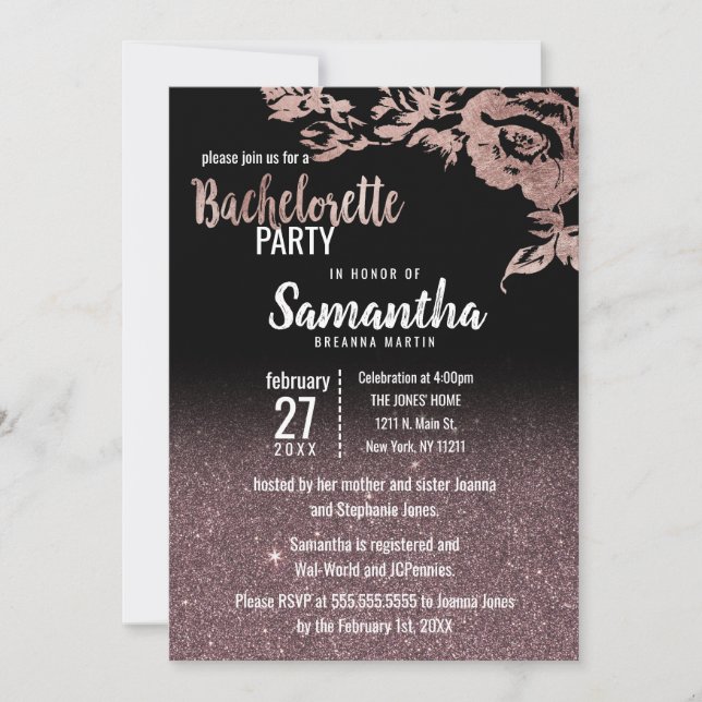 Invitación Rosa negro Purpurina de oro Floral Bachelorette (Anverso)