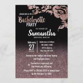 Invitación Rosa negro Purpurina de oro Floral Bachelorette