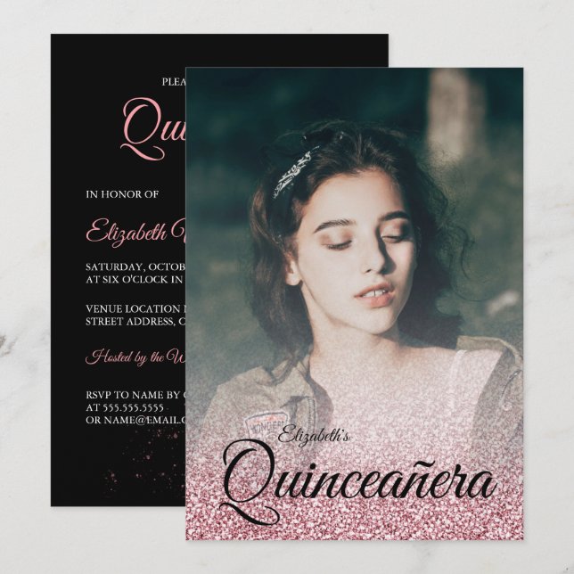 Invitación Rosa negro Purpurina de oro foto Quinceanera (Anverso / Reverso)