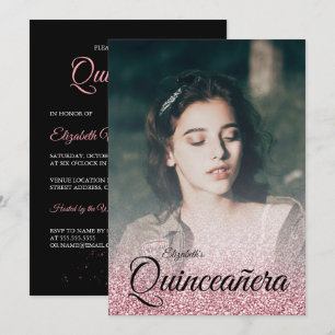 Invitación Rosa negro Purpurina de oro foto Quinceanera