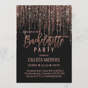 Invitación Rosa negro Purpurina de oro Fringe Bachelorette