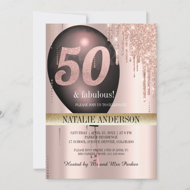 Invitación Rosa negro Purpurina de oro globo 50 cumpleaños (Anverso)