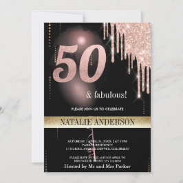 Invitación Rosa negro Purpurina de oro globo 50 cumpleaños