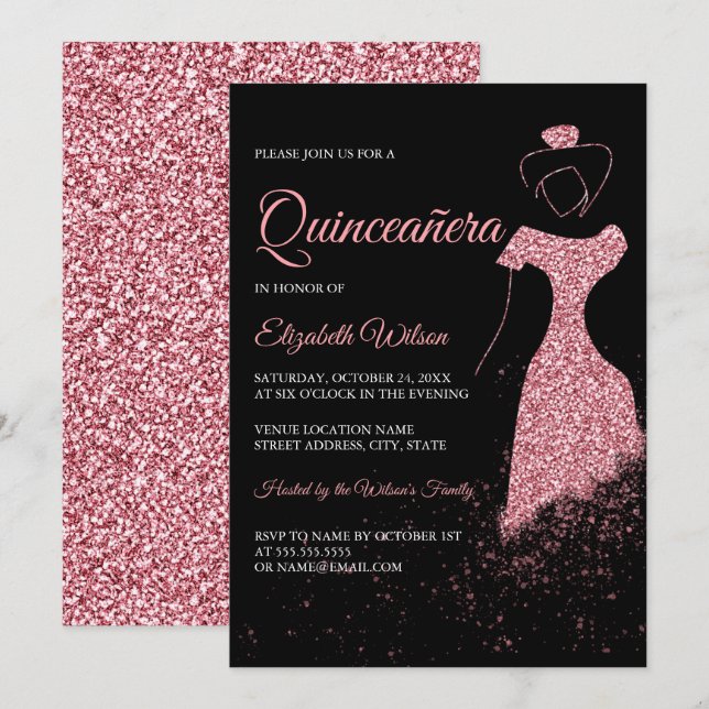 Invitación Rosa negro Purpurina de oro vestido de chispa Quin (Anverso / Reverso)