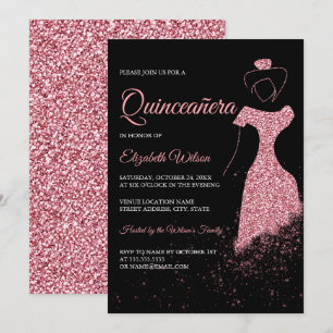 Invitación Rosa negro Purpurina de oro vestido de chispa Quin