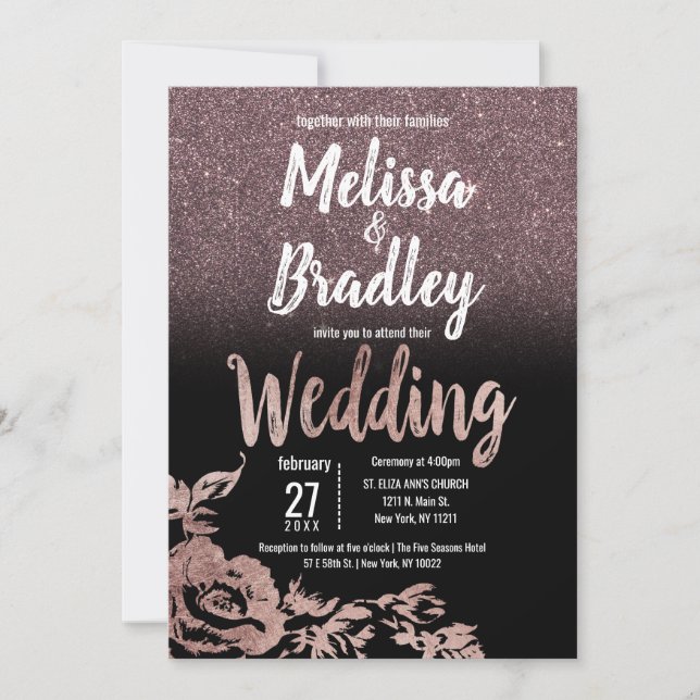 Invitación Rosa negro Purpurina dorado Boda de degradado flor (Anverso)