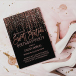 Invitación Rosa negro Purpurina dorado cortina lateral dulce<br><div class="desc">Esta glamorosa y lujosa invitación a la fiesta de cumpleaños Sweet 16 es el diseño perfecto para su evento especial de chica adolescente. Presenta una falsa cortina rosa purpurina dorada brillante con una falsa tipografía purpurina sobre un simple fondo negro. Es un diseño elegante, moda, moderno y de moda con...</div>