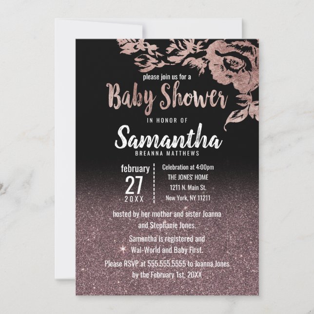 Invitación Rosa negro Purpurina dorado Floral Baby Shower (Anverso)