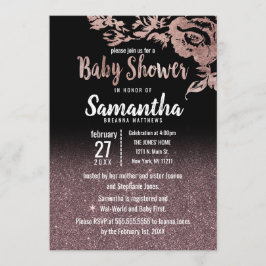 Invitación Rosa negro Purpurina dorado Floral Baby Shower