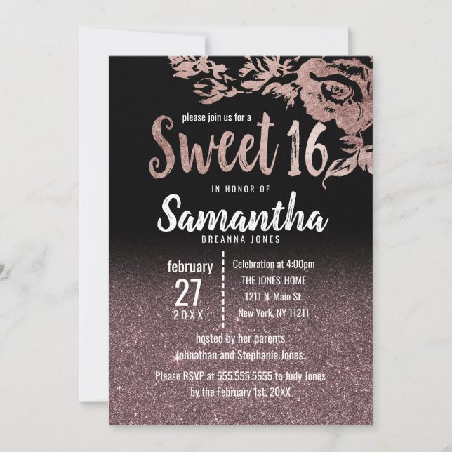 Invitación Rosa negro Purpurina dorado gradiente floral dulce (Anverso)