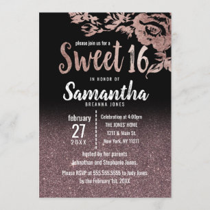 Invitación Rosa negro Purpurina dorado gradiente floral dulce