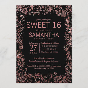 Invitación Rosa negro Purpurina floral oro dulce 16