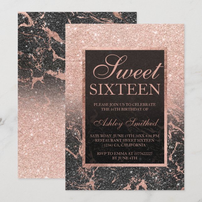 Invitación Rosa negro purpurina moda de mármol de  dorado Swe (Anverso / Reverso)