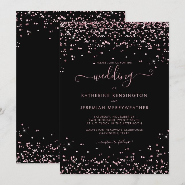 Invitación Rosa negro Purpurina rosa dorado Boda (Anverso / Reverso)