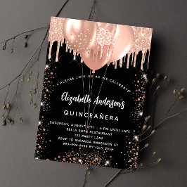 Invitación Rosa negro Quinceanera globos de oro purpurina luj