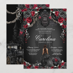 Invitación Rosa negro rojo Castillo gótico embrujado Quincean