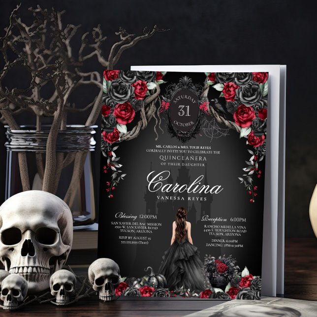 Invitación Rosa negro rojo Castillo gótico embrujado Quincean (Subido por el creador)