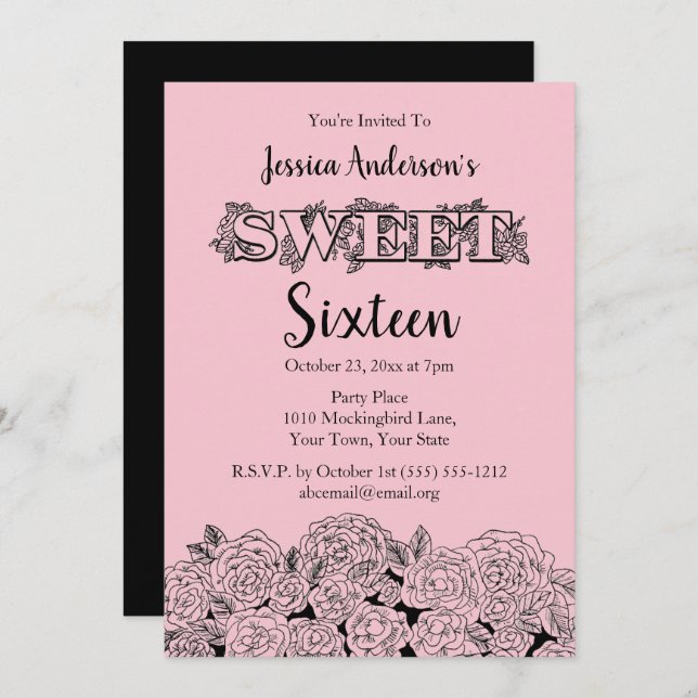 Invitación Rosa negro rosa boutique parisino Dieciséis (Anverso / Reverso)
