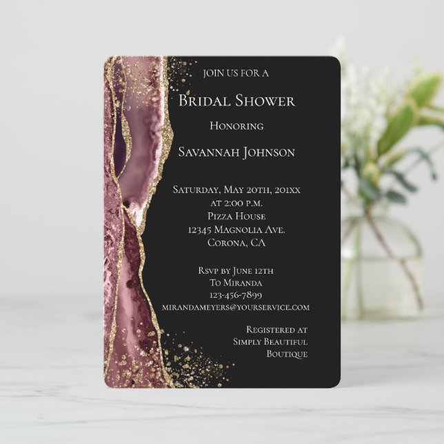 Invitación Rosa negro rosado de Rubor Purpurina de oro ducha  (Anverso de pie)