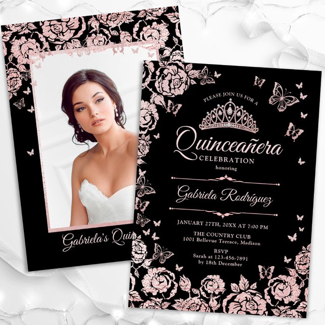 Invitación Rosa negro Rosas de oro foto de Quinceanera (Subido por el creador)