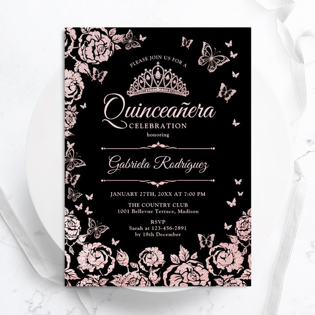 Invitación Rosa negro Rosas de oro mariposas Quinceanera (Subido por el creador)