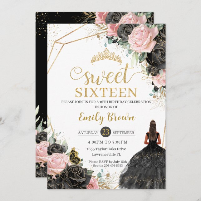 Invitación Rosa Negro Roses Floral Tan Princesa Dulce Diecisé (Anverso / Reverso)