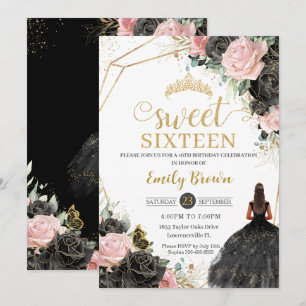 Invitación Rosa Negro Roses Floral Tan Princesa Dulce Diecisé
