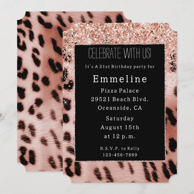 Invitación Rosa negro Rubor Purpurina de leopardo rosado (Anverso / Reverso)