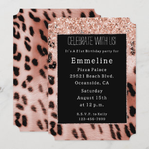 Invitación Rosa negro Rubor Purpurina de leopardo rosado