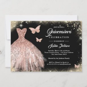 Invitación Rosa negro Vestido dorado mariposa Quinceanera
